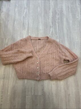 Free People Dusty Pink Cropped Mohair Blend Button Cardigan